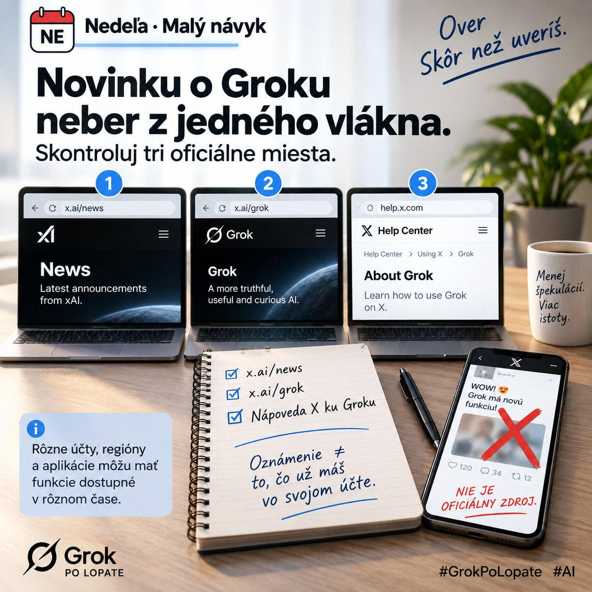 Infografika Nedeľa · Malý návyk: over novinku o Groku na x.ai/news, x.ai/grok a v nápovede X.
