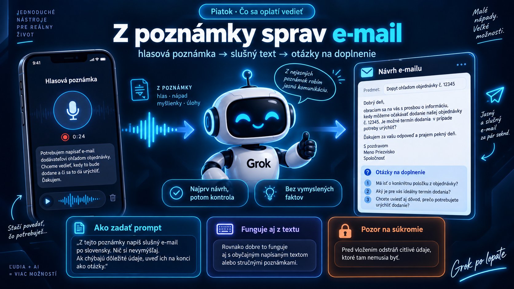 Infografika Piatok · Čo sa oplatí vedieť: z hlasovej poznámky sprav e-mail.
