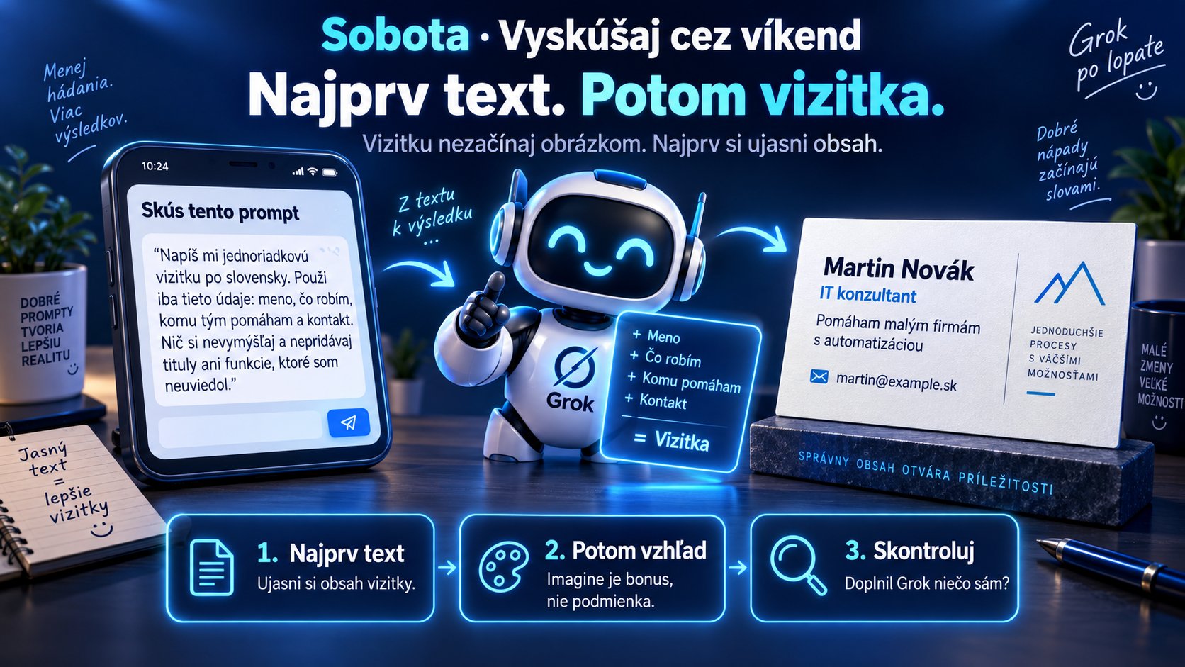 Infografika Sobota · Vyskúšaj cez víkend: najprv text vizitky, potom vzhľad.